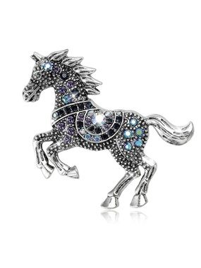 Anthropologie Silver Horse Brooch with Blue and Purple Rhinestones